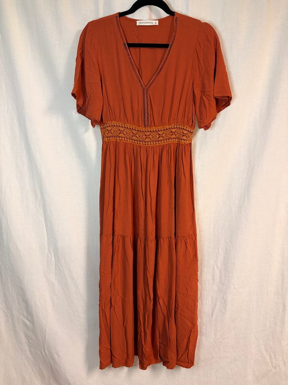 Rusttydustty Rust Orange Crochet Lace Boho Maxi Dress Size M